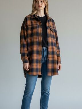 Orange and Navy Plaid Button-Up Shirt